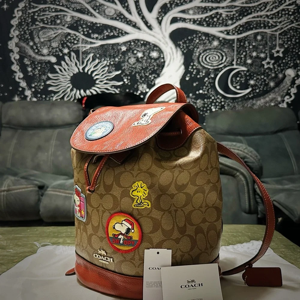 Coach Peanuts Snoopy Backpack Leather Backpack with Cartoon Patches - Picture 9 of 16